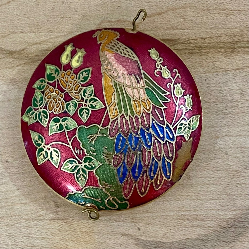 Vintage Chinese Cloisonne Puffy Round Pendant Red Enamel Peacock Floral